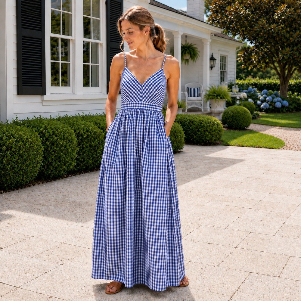 J.Crew Maxi Dress Womens Dress Blue Gingham Cottagecore Hamptons Vacay SZ 8 NEW